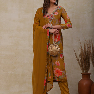 Floral Printed Zardozi Embroidered shimmer Kurta with Pants & Dupatta - Mustard