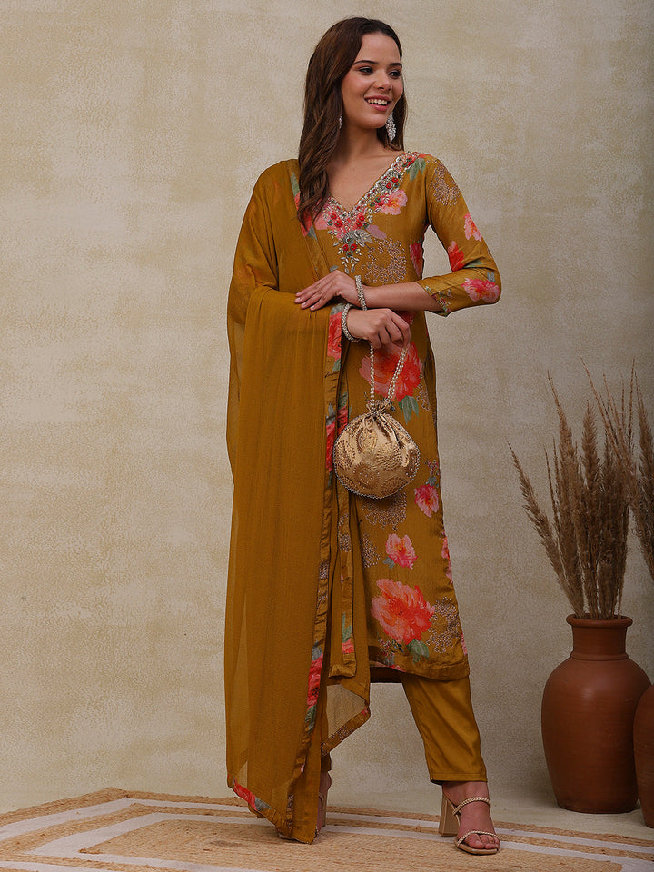 Floral Printed Zardozi Embroidered shimmer Kurta with Pants & Dupatta - Mustard