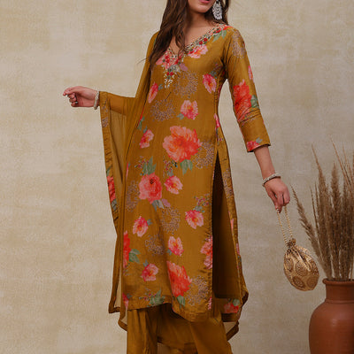 Floral Printed Zardozi Embroidered shimmer Kurta with Pants & Dupatta - Mustard