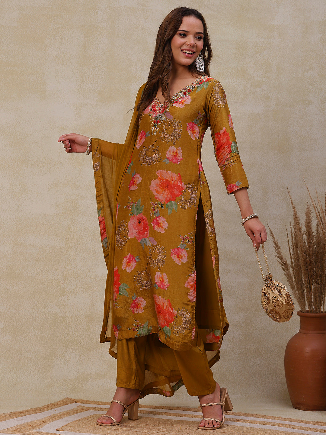 Floral Printed Zardozi Embroidered shimmer Kurta with Pants & Dupatta - Mustard