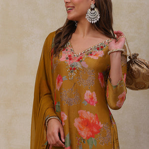 Floral Printed Zardozi Embroidered shimmer Kurta with Pants & Dupatta - Mustard
