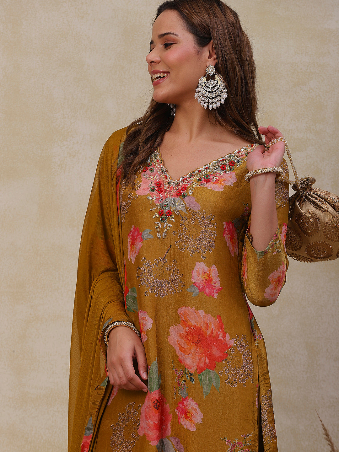 Floral Printed Zardozi Embroidered shimmer Kurta with Pants & Dupatta - Mustard