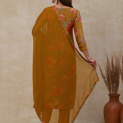 Floral Printed Zardozi Embroidered shimmer Kurta with Pants & Dupatta - Mustard