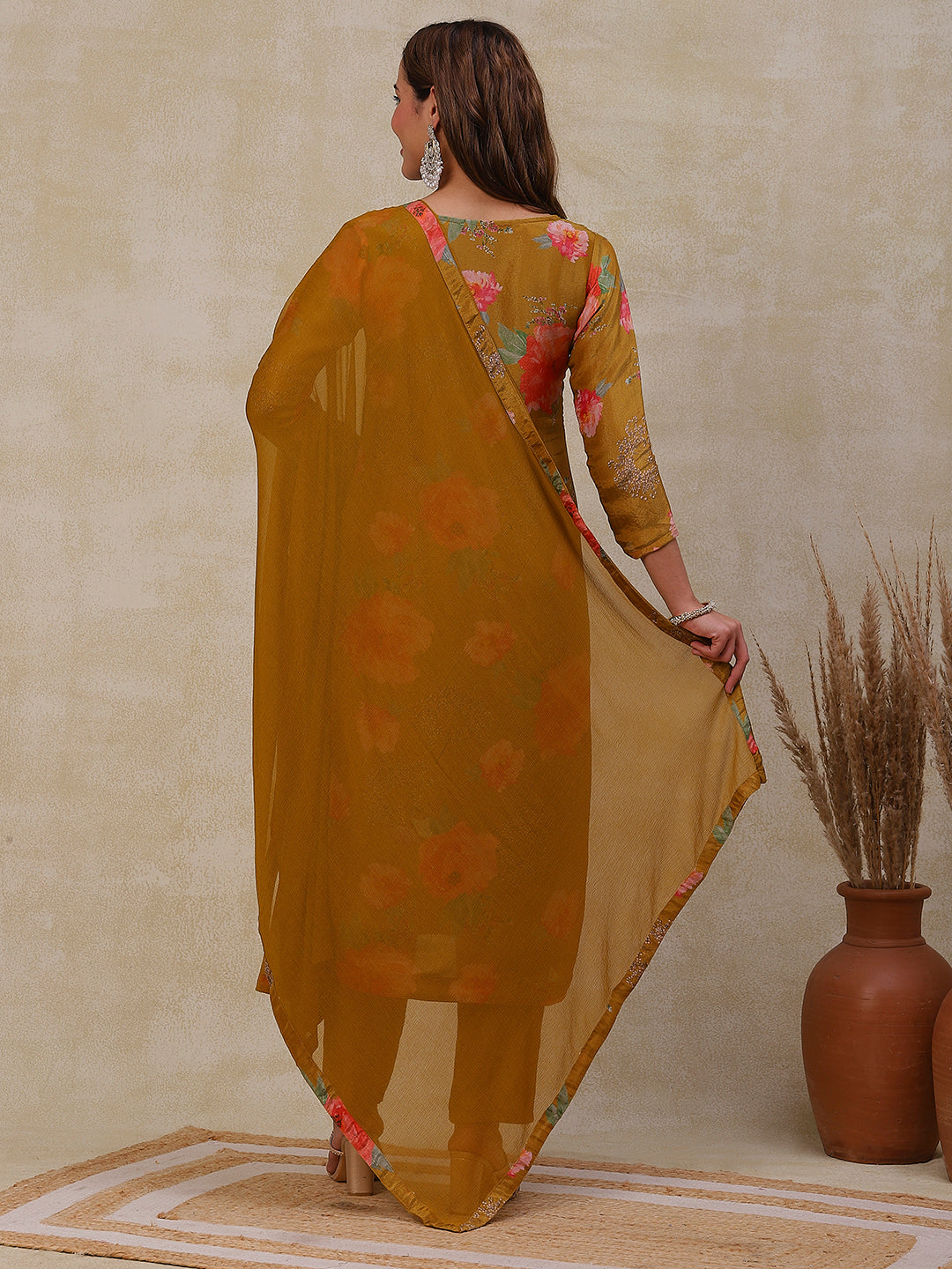 Floral Printed Zardozi Embroidered shimmer Kurta with Pants & Dupatta - Mustard