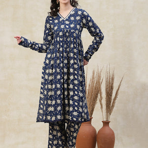 Floral Printed A-Line Pleated Kurta with Palazzo - Blue