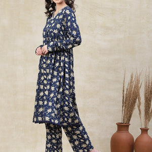Floral Printed A-Line Pleated Kurta with Palazzo - Blue