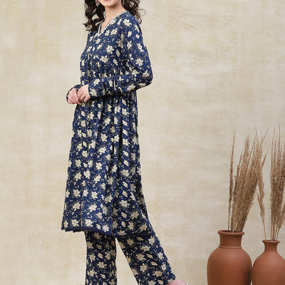 Floral Printed A-Line Pleated Kurta with Palazzo - Blue