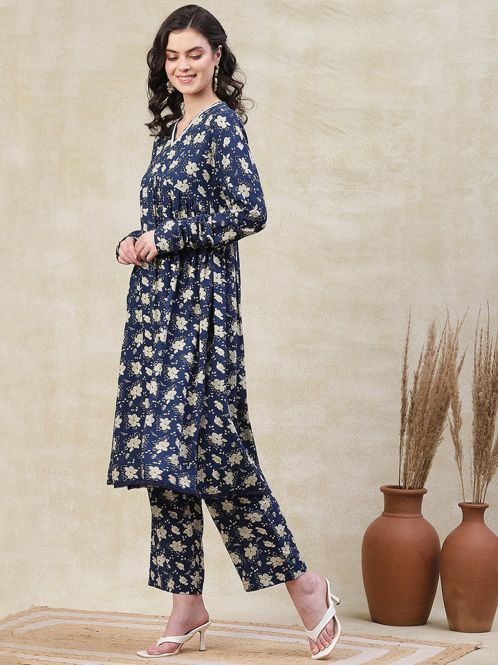 Floral Printed A-Line Pleated Kurta with Palazzo - Blue