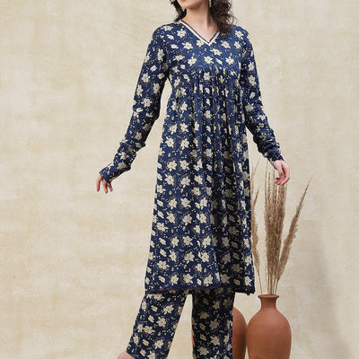 Floral Printed A-Line Pleated Kurta with Palazzo - Blue