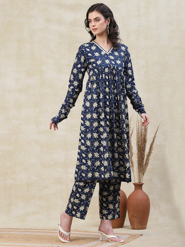 Floral Printed A-Line Pleated Kurta with Palazzo - Blue