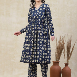 Floral Printed A-Line Pleated Kurta with Palazzo - Blue