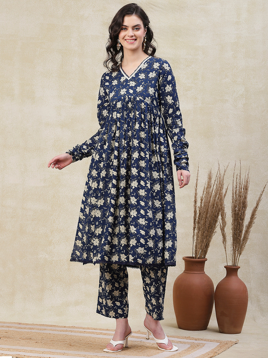 Floral Printed A-Line Pleated Kurta with Palazzo - Blue