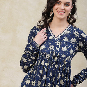 Floral Printed A-Line Pleated Kurta with Palazzo - Blue