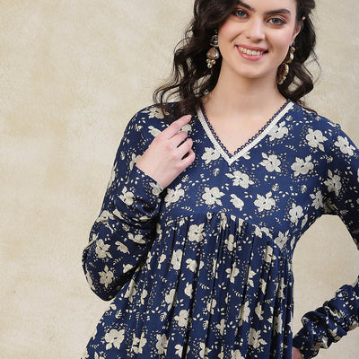 Floral Printed A-Line Pleated Kurta with Palazzo - Blue