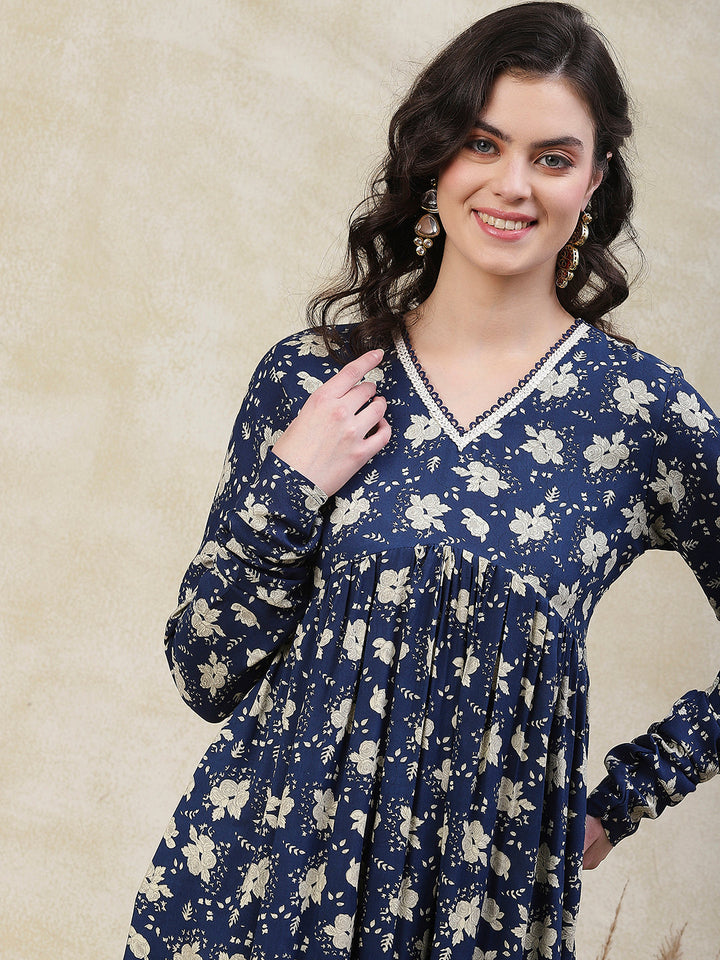 Floral Printed A-Line Pleated Kurta with Palazzo - Blue