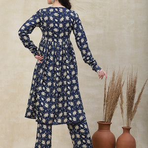 Floral Printed A-Line Pleated Kurta with Palazzo - Blue
