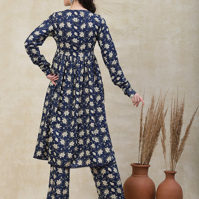 Floral Printed A-Line Pleated Kurta with Palazzo - Blue