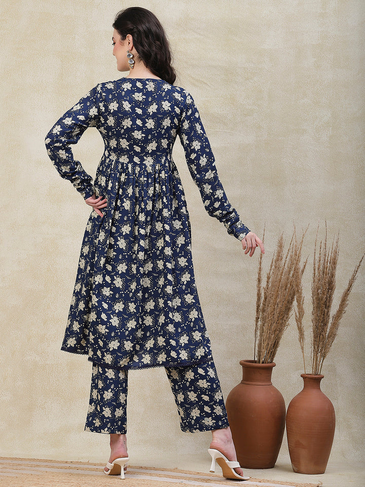 Floral Printed A-Line Pleated Kurta with Palazzo - Blue