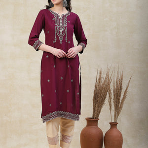 Solid Zari, Mirror & Sequins Embroidered Kurta - Mauve
