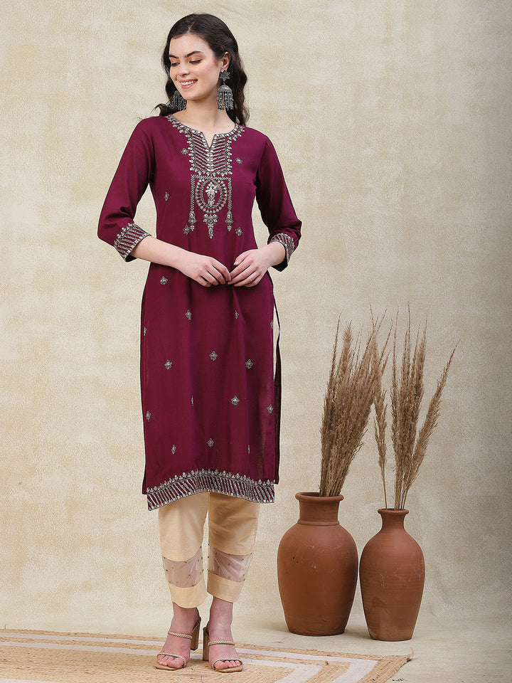 Solid Zari, Mirror & Sequins Embroidered Kurta - Mauve