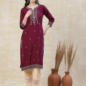 Solid Zari, Mirror & Sequins Embroidered Kurta - Mauve