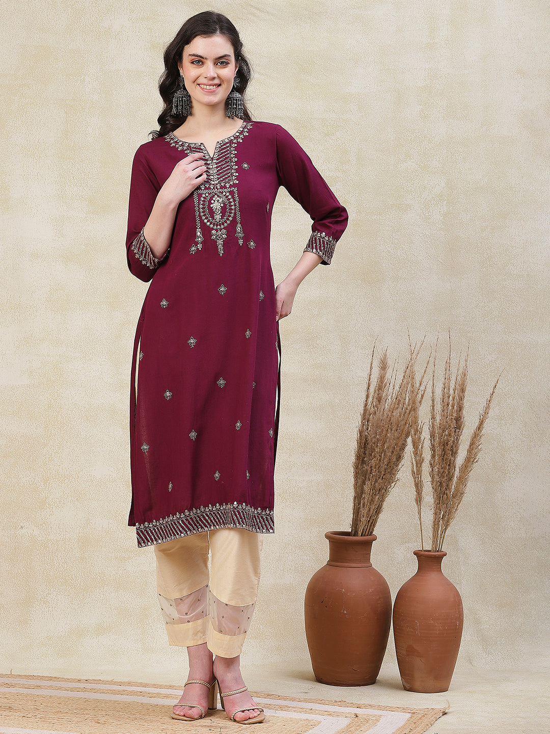 Solid Zari, Mirror & Sequins Embroidered Kurta - Mauve