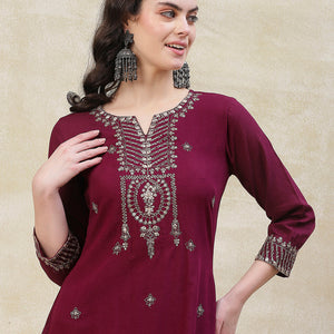 Solid Zari, Mirror & Sequins Embroidered Kurta - Mauve