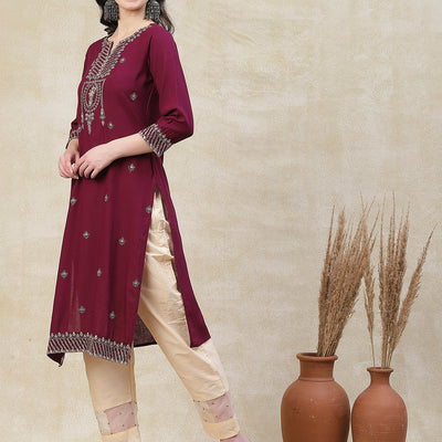 Solid Zari, Mirror & Sequins Embroidered Kurta - Mauve