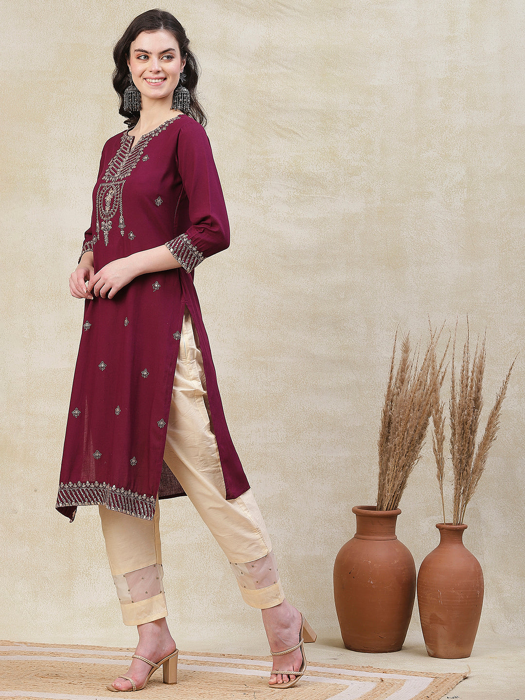 Solid Zari, Mirror & Sequins Embroidered Kurta - Mauve