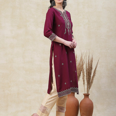 Solid Zari, Mirror & Sequins Embroidered Kurta - Mauve