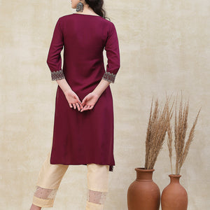 Solid Zari, Mirror & Sequins Embroidered Kurta - Mauve