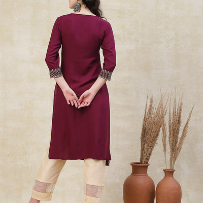 Solid Zari, Mirror & Sequins Embroidered Kurta - Mauve