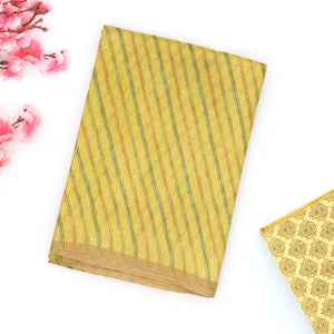 Mustard Handloom Tussar Silk Saree Printed With Diagonal Stripes