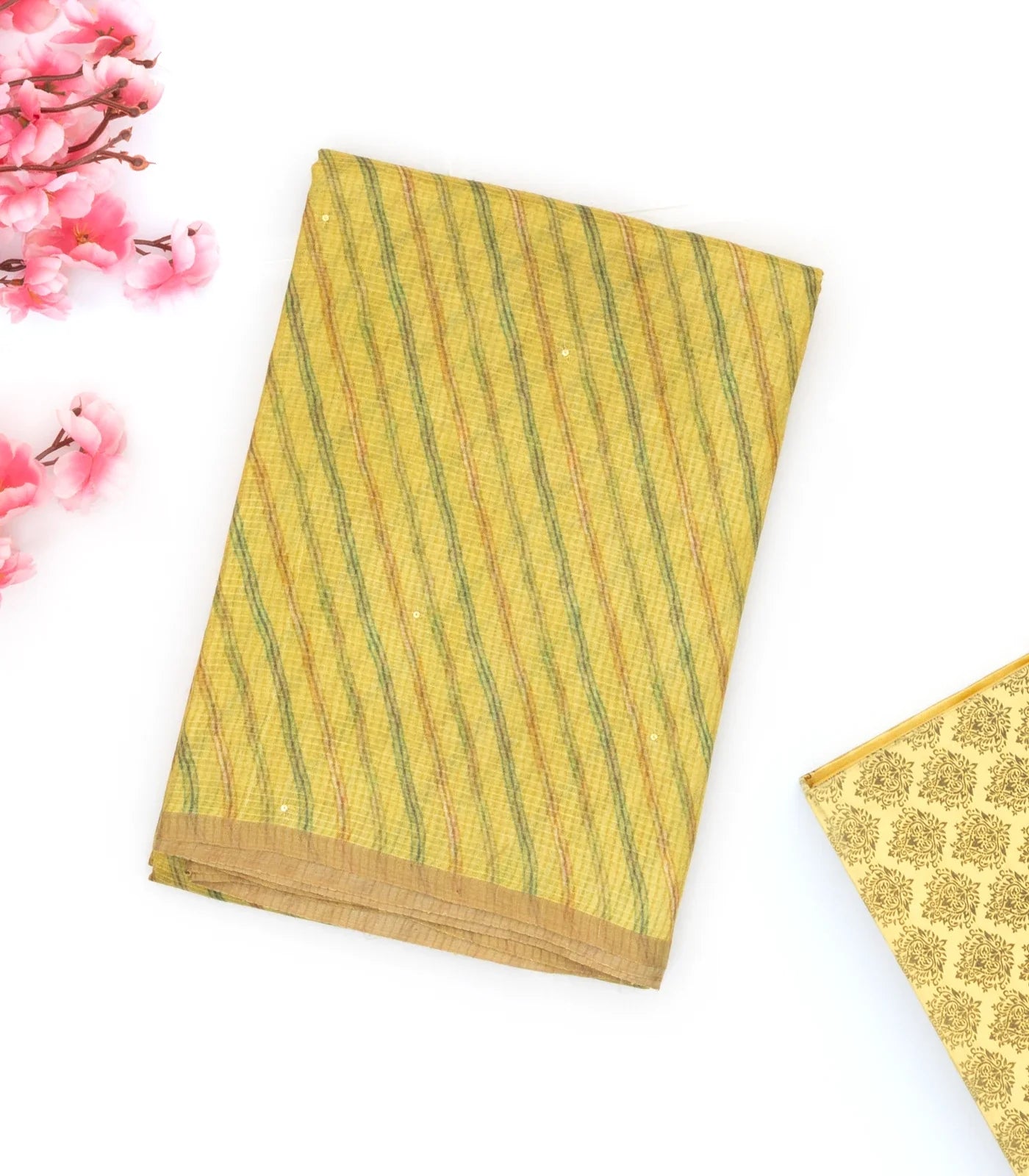 Mustard Handloom Tussar Silk Saree Printed With Diagonal Stripes