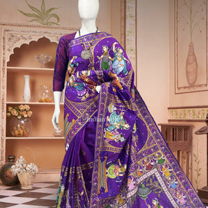 Purple Dual Tone Radha Krishna Boita Theme Hand-Painted Pattachitra Saree