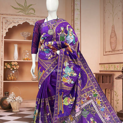 Purple Dual Tone Radha Krishna Boita Theme Hand-Painted Pattachitra Saree
