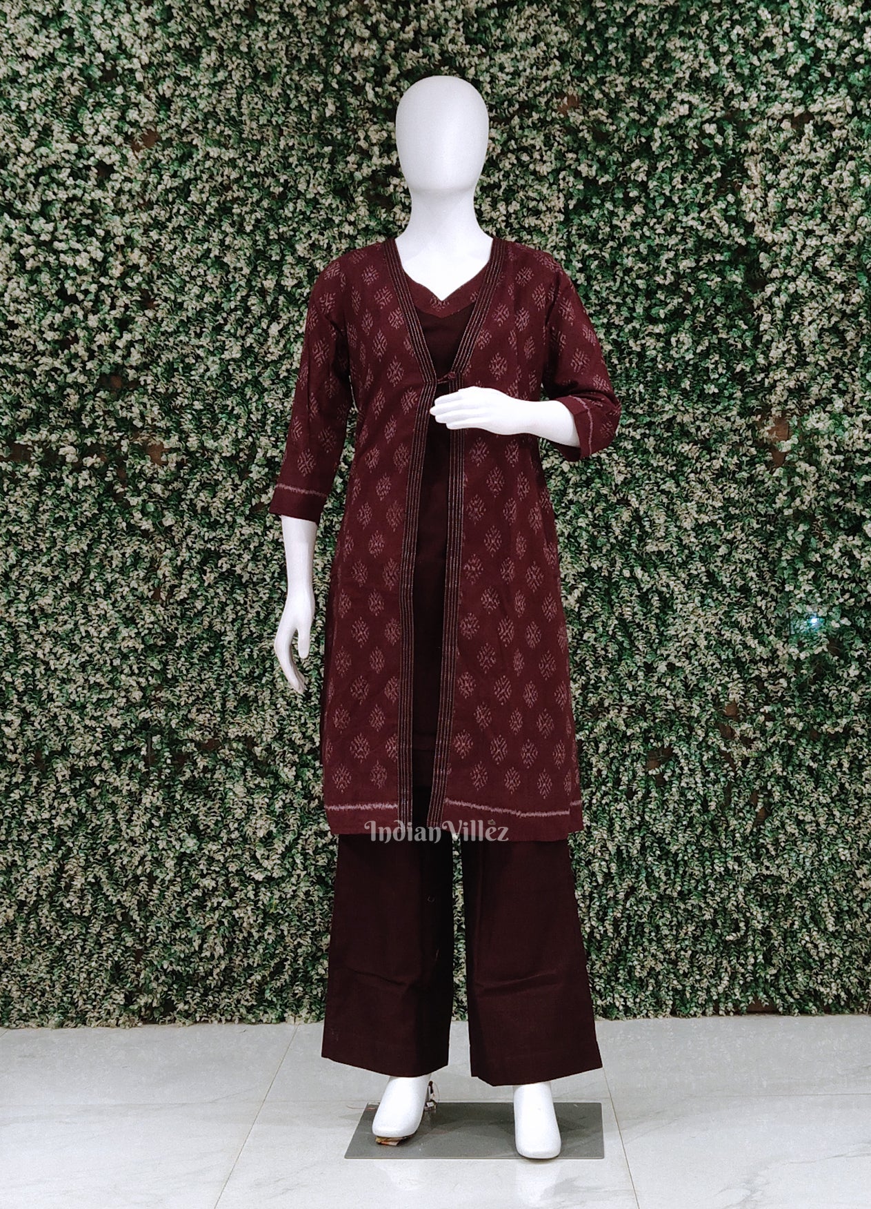 Coffee Odisha Ikat Designer Cotton Kurti Set with Jacket -(3 Piece Set)
