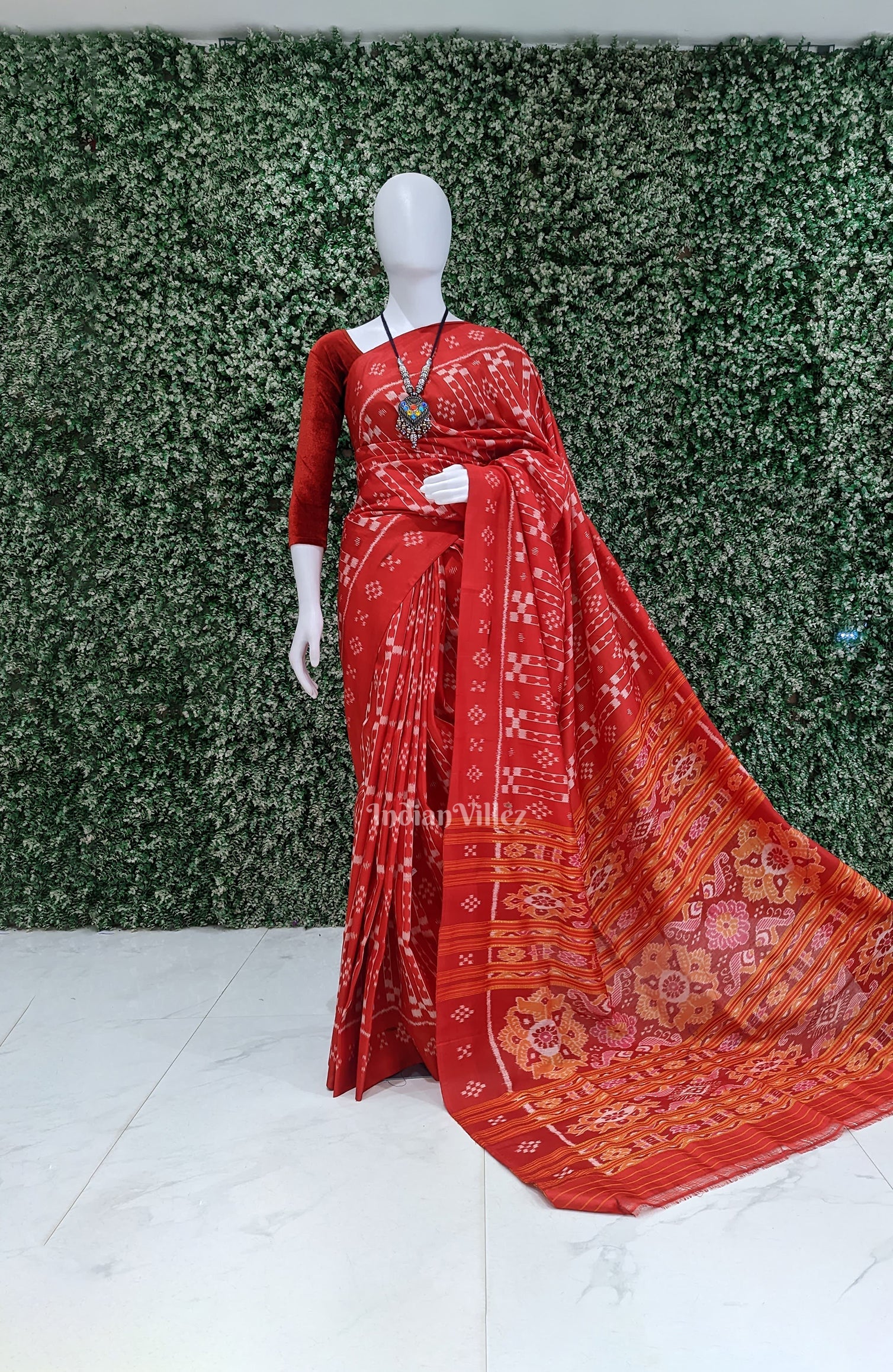 Reddish Orange Odisha Ikat Designer Contemporary Silk Saree
