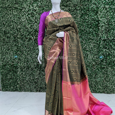 Green Checked Kanchipuram Silk Saree