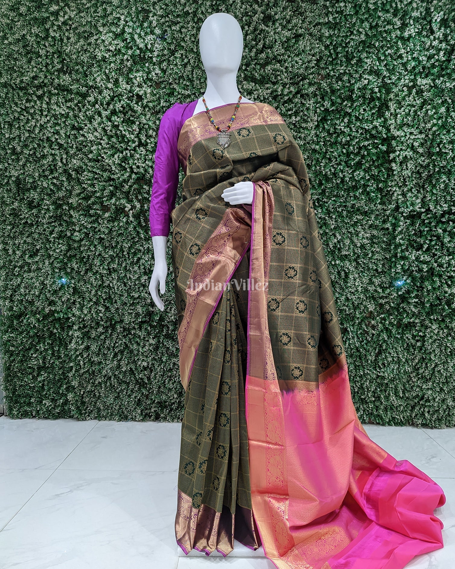 Green Checked Kanchipuram Silk Saree