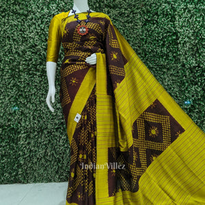 Coffee with Mustard Yellow Odisha Handloom Tarabali Contemporary Silk Saree