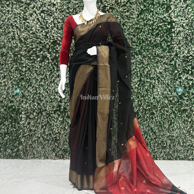 Black Flower Butta Design Maheshwari Handloom Cotton*Silk Saree