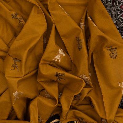 Mustard Handloom Orissa Cotton Saree With Tribal Motifs
