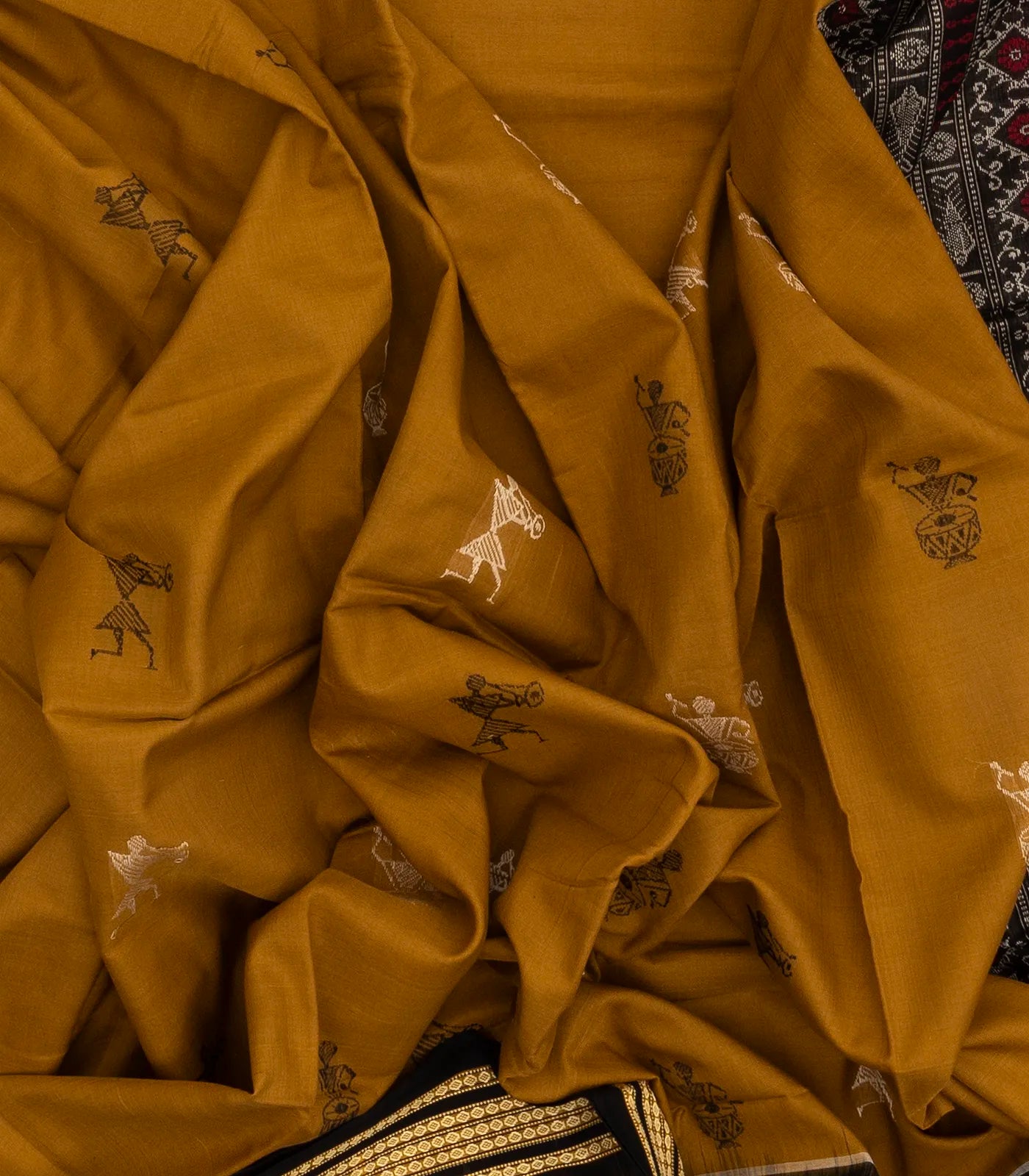 Mustard Handloom Orissa Cotton Saree With Tribal Motifs