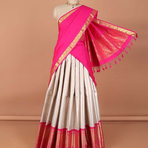 Cream checked with floral design art-silk half saree, contrast traditional zari border, zari design blouse & intricate dhavani