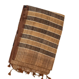 Brown Handloom Linen Saree With Striped Pallu