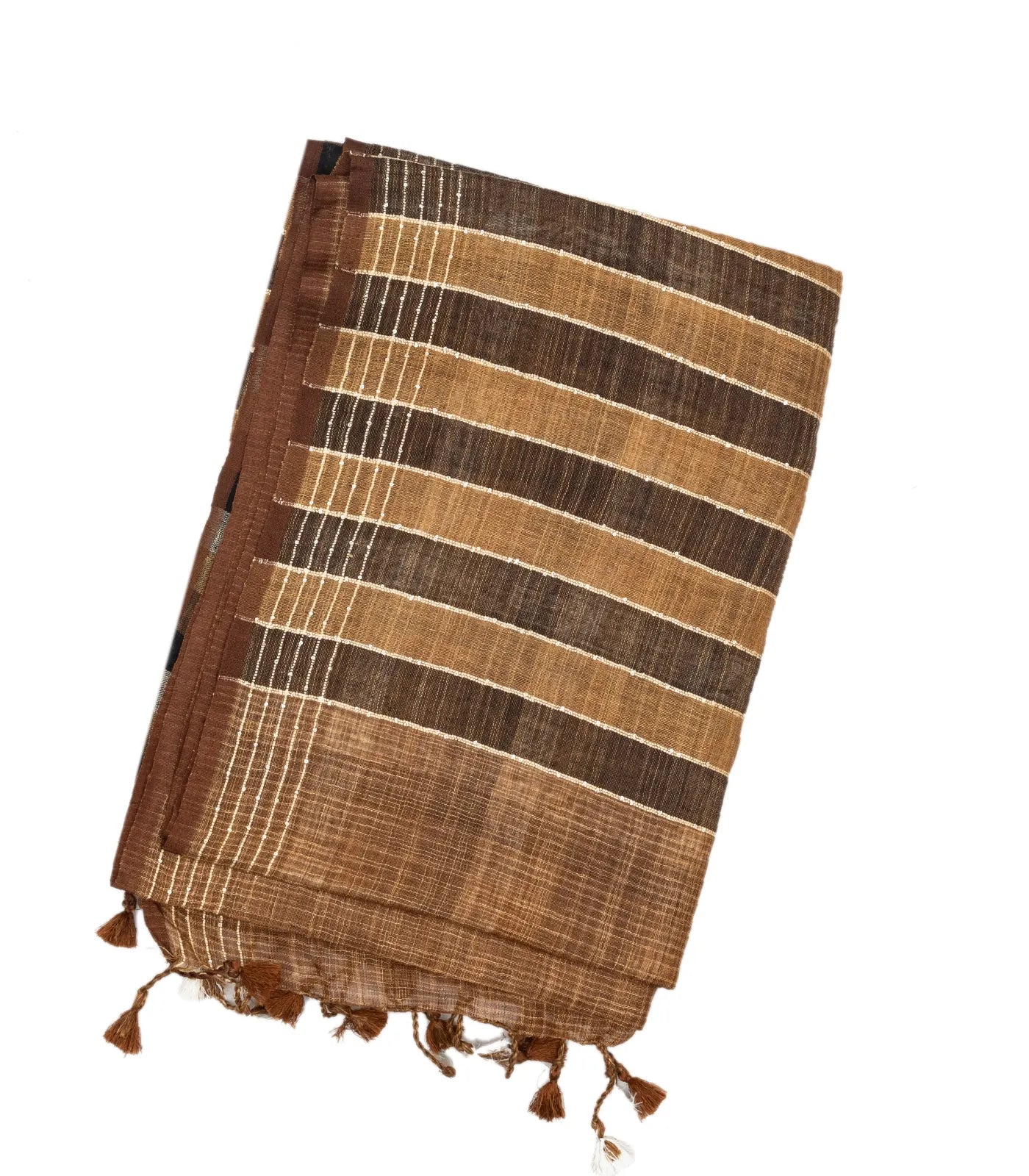 Brown Handloom Linen Saree With Striped Pallu