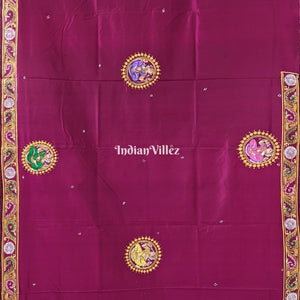 Wine Radha Krishna Boita Hand-Painted Pattachitra Saree