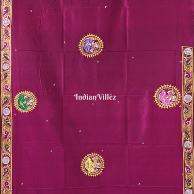 Wine Radha Krishna Boita Hand-Painted Pattachitra Saree
