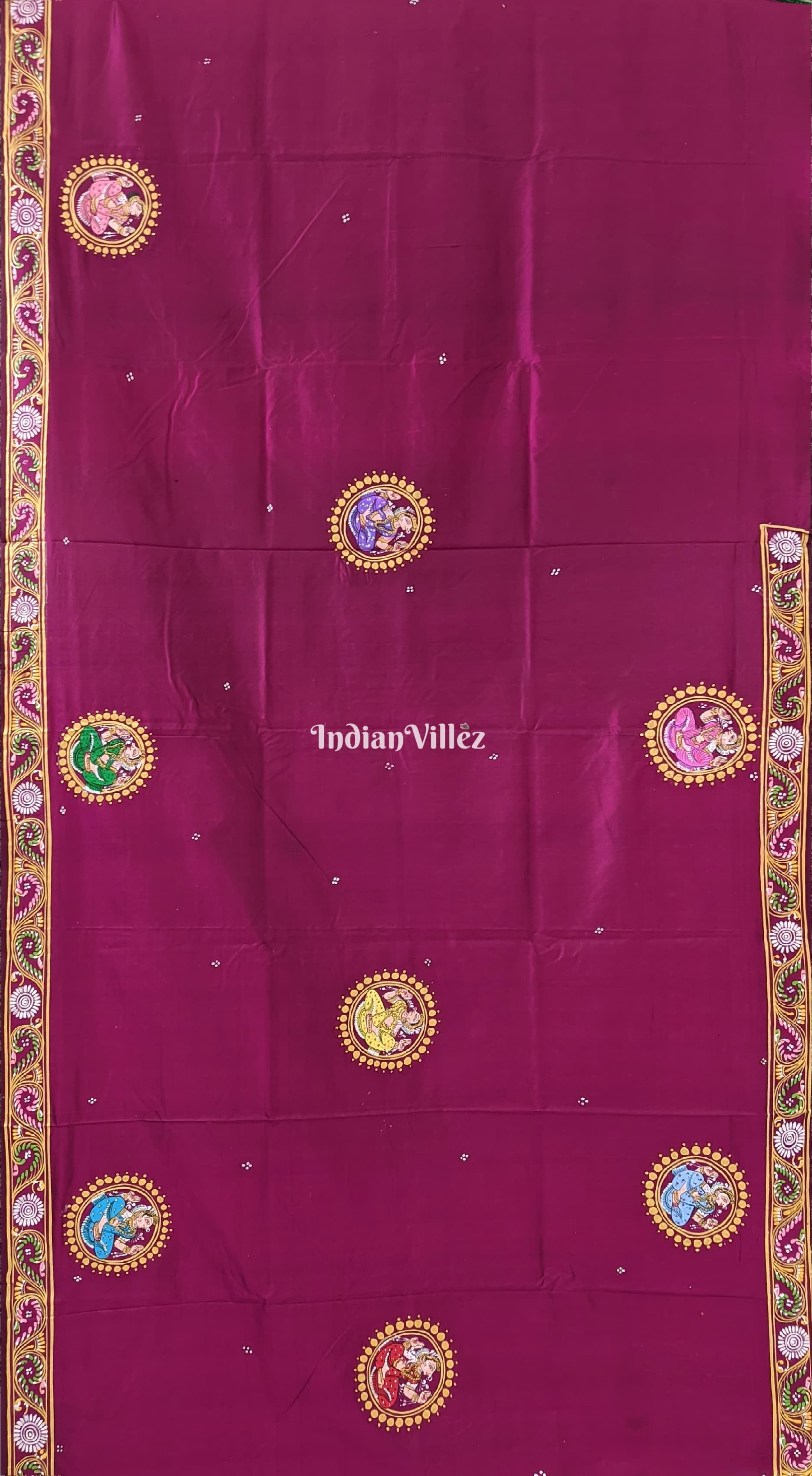 Wine Radha Krishna Boita Hand-Painted Pattachitra Saree